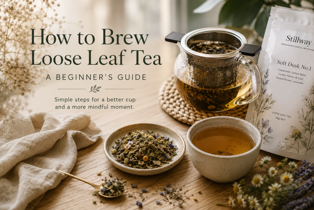 Glass teapot with basket infuser brewing Stillway Soft Dusk No.1 loose leaf botanical tea.